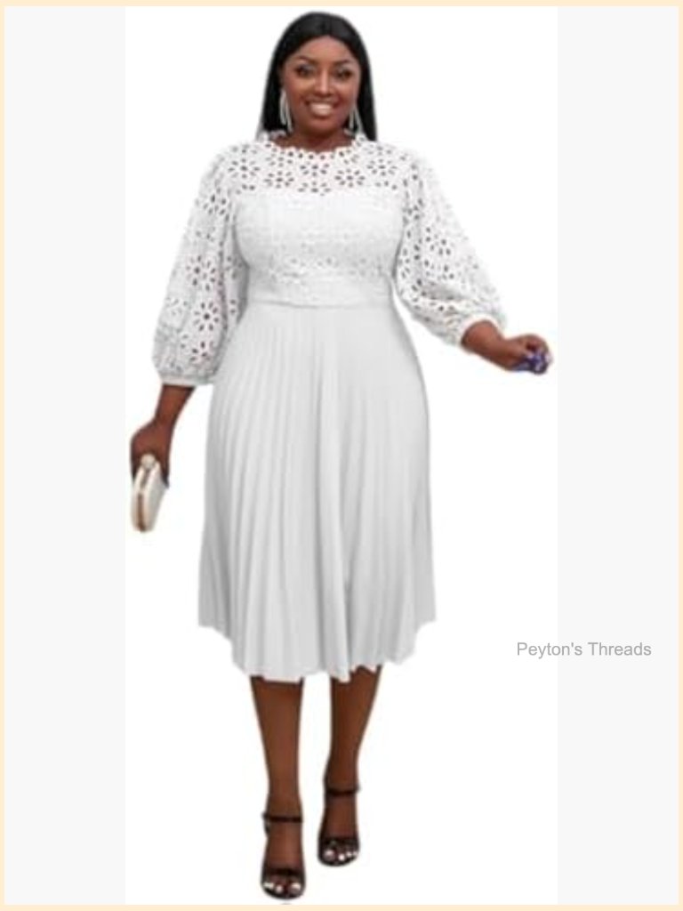 Elegant Lace Patchwork A-Line Midi Pleated Lantern Sleeve Dress Wedding Guest